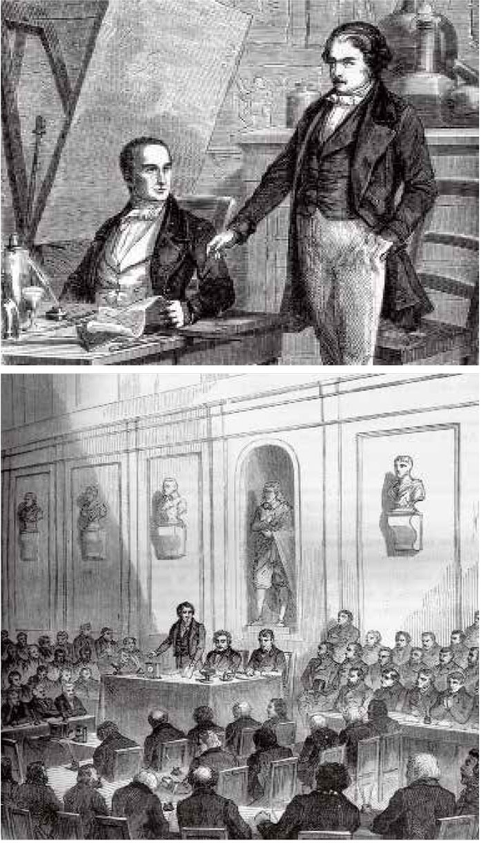 上图：1829年12月，达盖尔前往沙隆的尼埃普斯庄园，两人签订了摄影研发合同。；下图：1839年8月19日，阿拉贡（主席台站立者）带着达盖尔（主席台中间坐者）参加了法兰西科学院与艺术院的联席会议