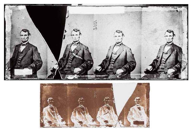上图：美国总统林肯肖像的玻璃湿版转成正像。；下图：1864 年2月9日摄影 师 安 东 尼· 伯berger)利用玻璃湿版拍摄的林肯肖像原版。