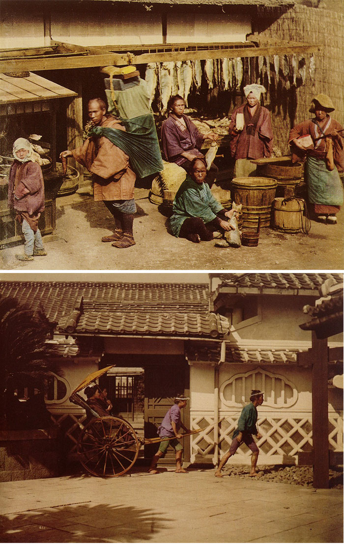 上图：意大利人费利斯（Felice Beato）在日本拍摄并制作的手工上色照片;下图：费利斯·贝亚在日本拍摄并制作的手工上色照片