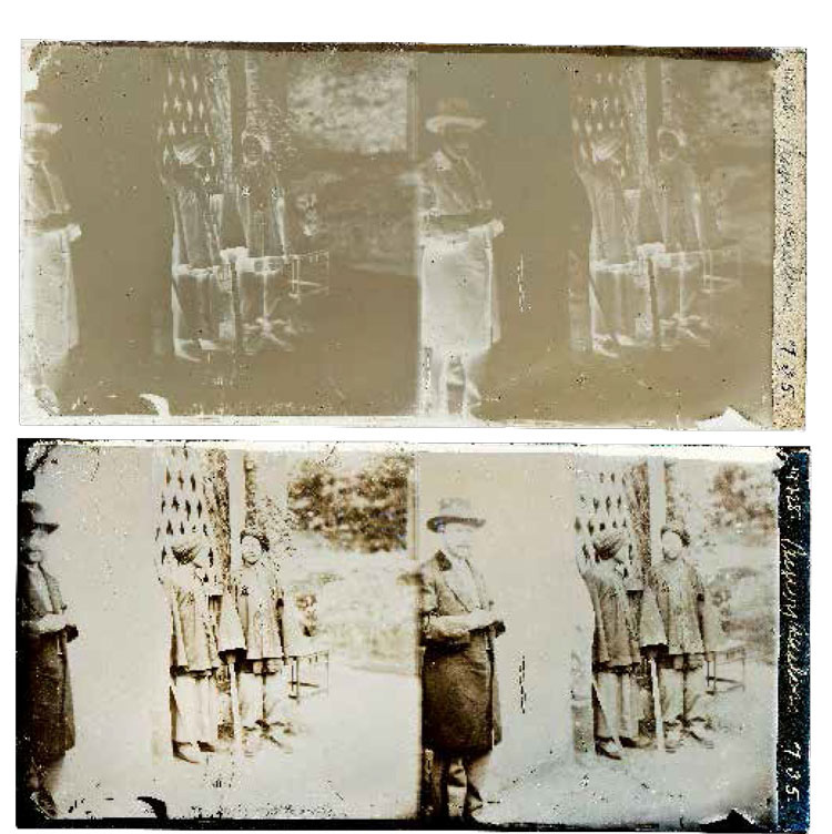 上图：这是英国人约翰·汤姆逊（John Thomson）于1871年在中国厦门用玻璃湿版自拍的照片原版《汤姆逊和两个清兵》；下图：《汤姆逊和两个清兵》的玻璃湿版负像转换成正像